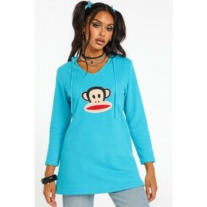 Y2K Paul Frank Monkey‎ Hoodie Sweatshirt Blue Long Sleeve V Neck Pullover